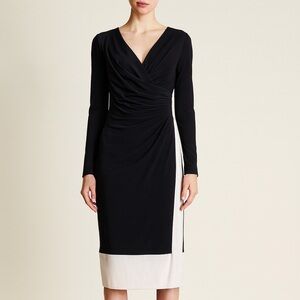 Ralph Lauren Jersey Midi Dress Womens 4 Black Low V Neck Faux Wrap Slit Stretch